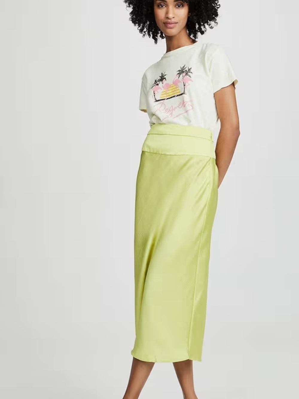 Free People Neon Lime Satin Midi Skirt In Jackfruit Size 12 NWT - Picture 3 of 7